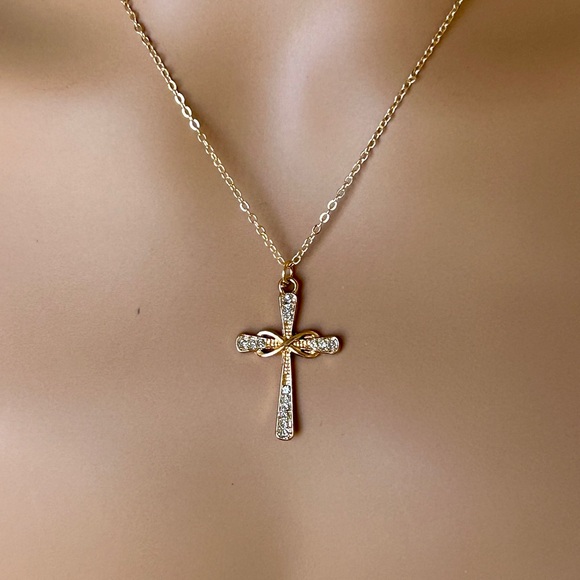 Fashion Jewelry Jewelry - Delicate Gold Cross Pendant Necklace With Rhinestone Accents